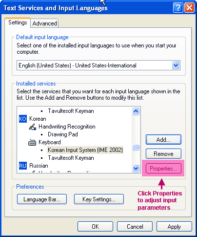 Regional Control Panel, Input Details, Properties Button to right